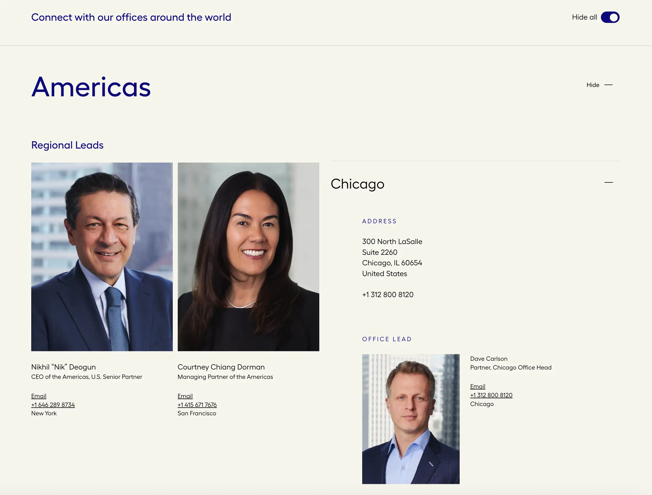 Our network landing page view of the Americas section: featuring the following text and a row of expert headshots.