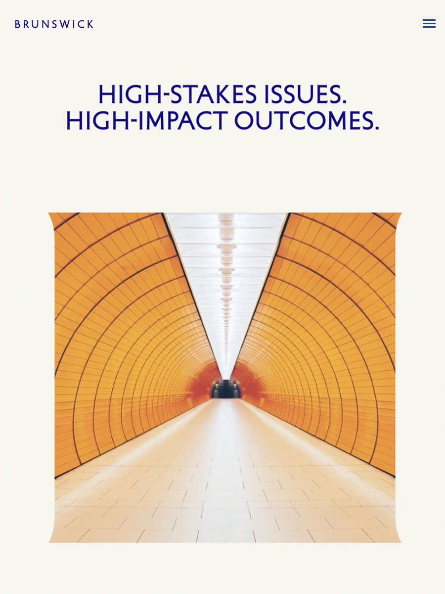 Brunswick Group homepage screenshot with company motto: high-stakes issues, high-impact outcomes.