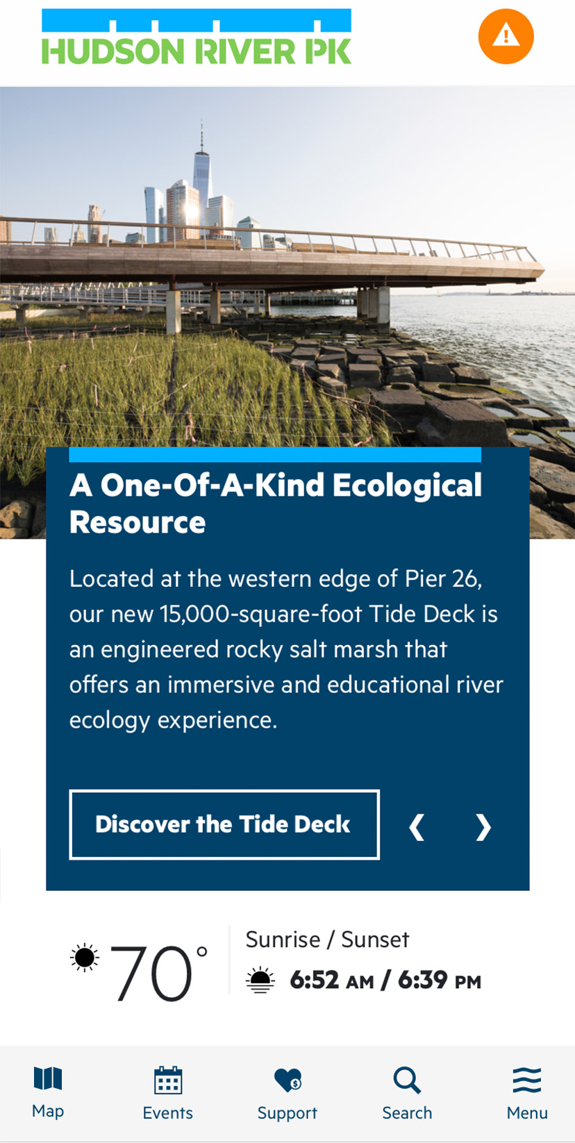 HRPK homepage slider mobile view:  A One-Of-A-Kind Ecological Resource:  Located at the western edge of Pier 26, our new 15,000-square-foot Tide Deck is an engineered rocky salt marsh that offers an immersive and educational river ecology experience.