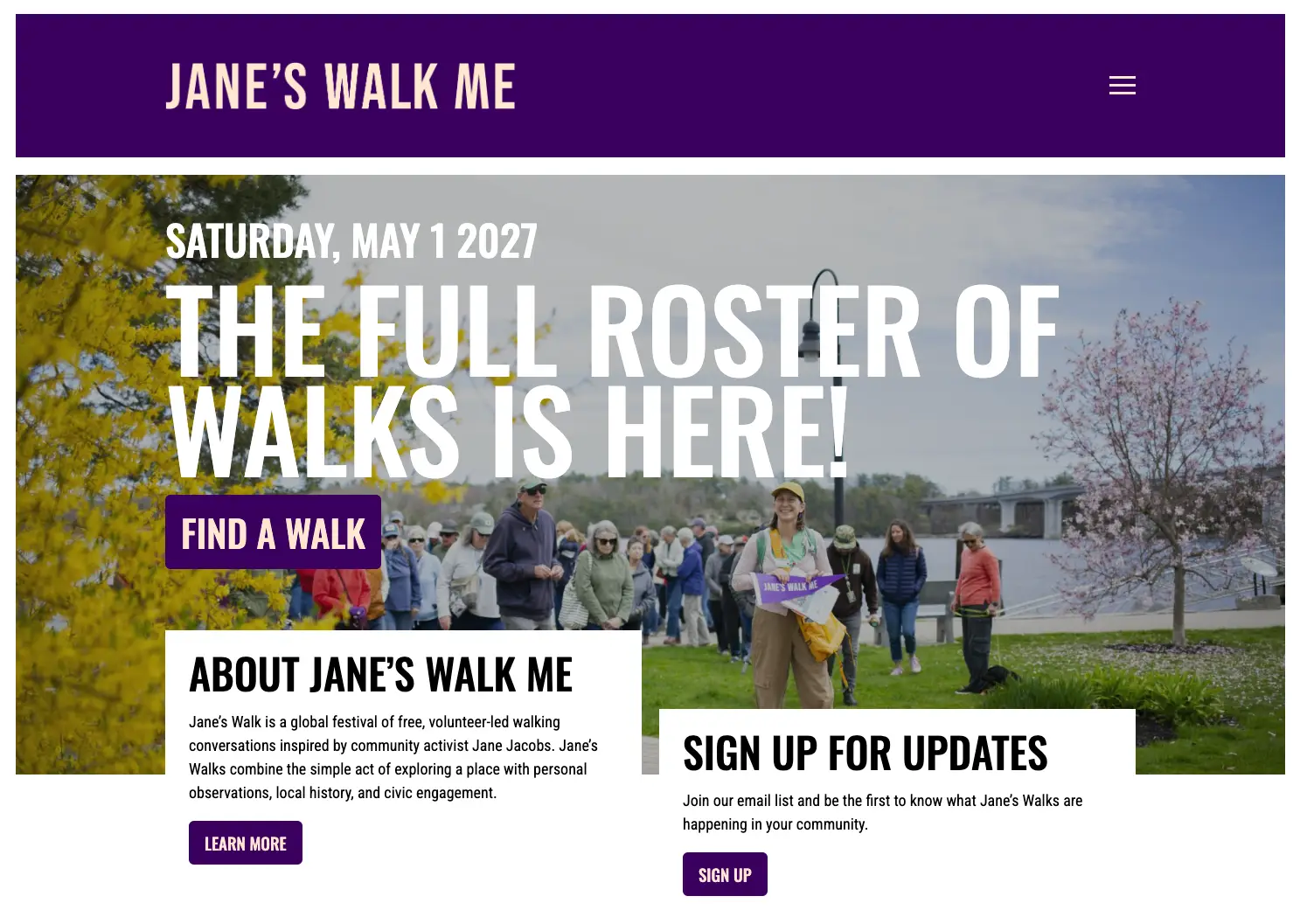 Janes Walk ME homepage view in desktop frame