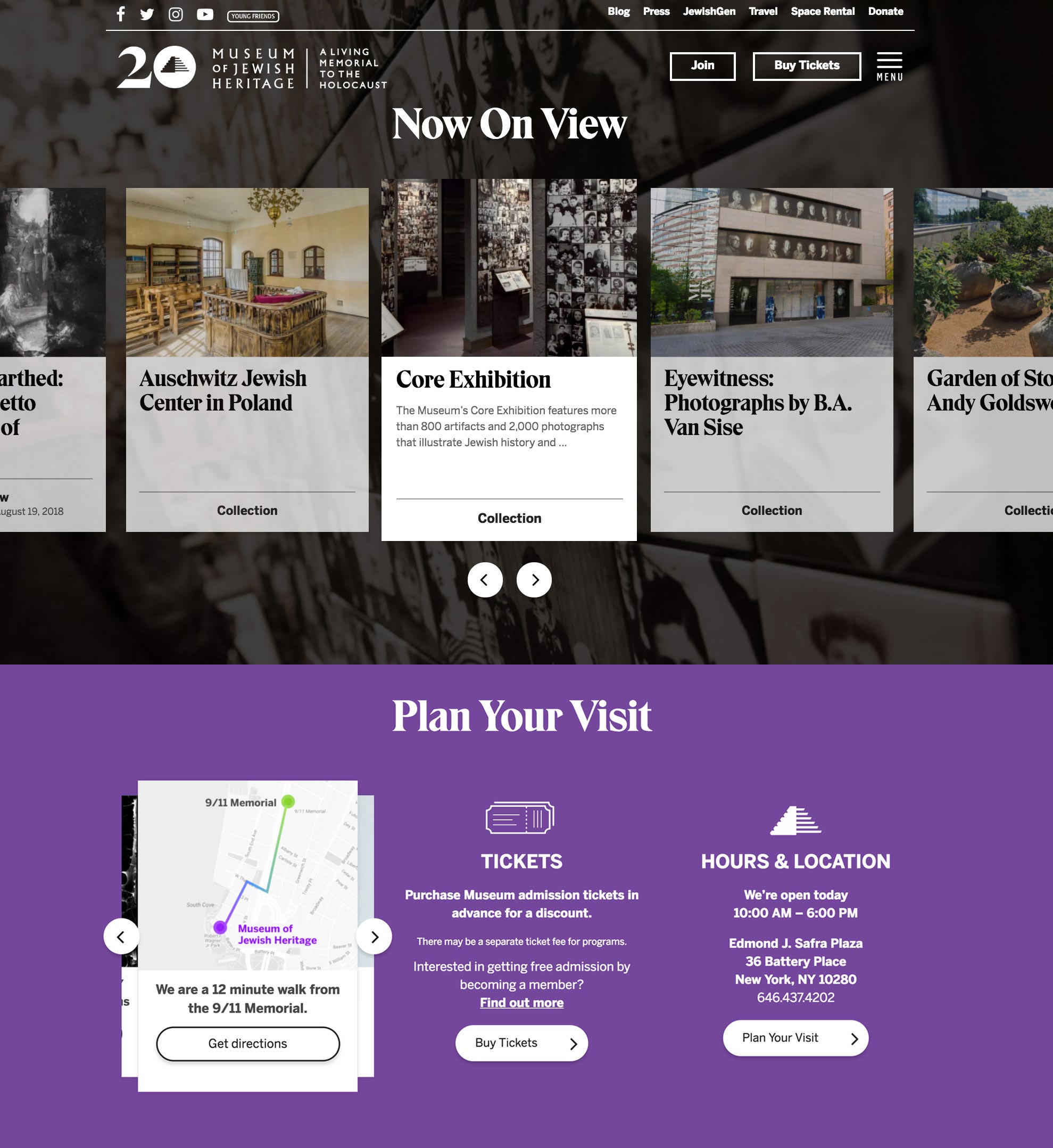 Museum of Jewish Heritage homepage with Now On View exhibition cards and Plan Your Visit ticket and hours panels.