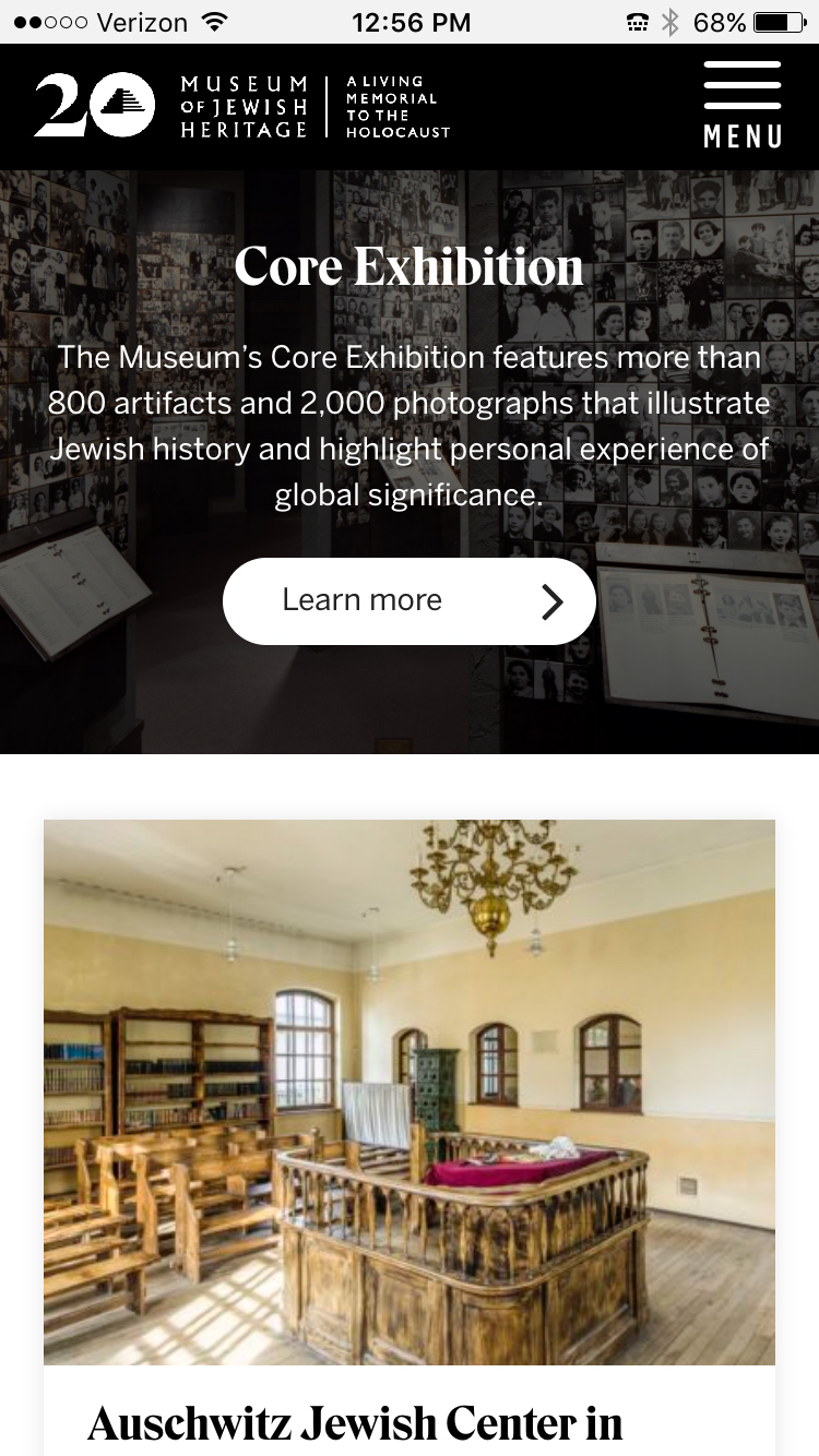 Mobile view of the Museum of Jewish Heritage Core Exhibition page with a hero panel and Auschwitz Jewish Center exhibition card.