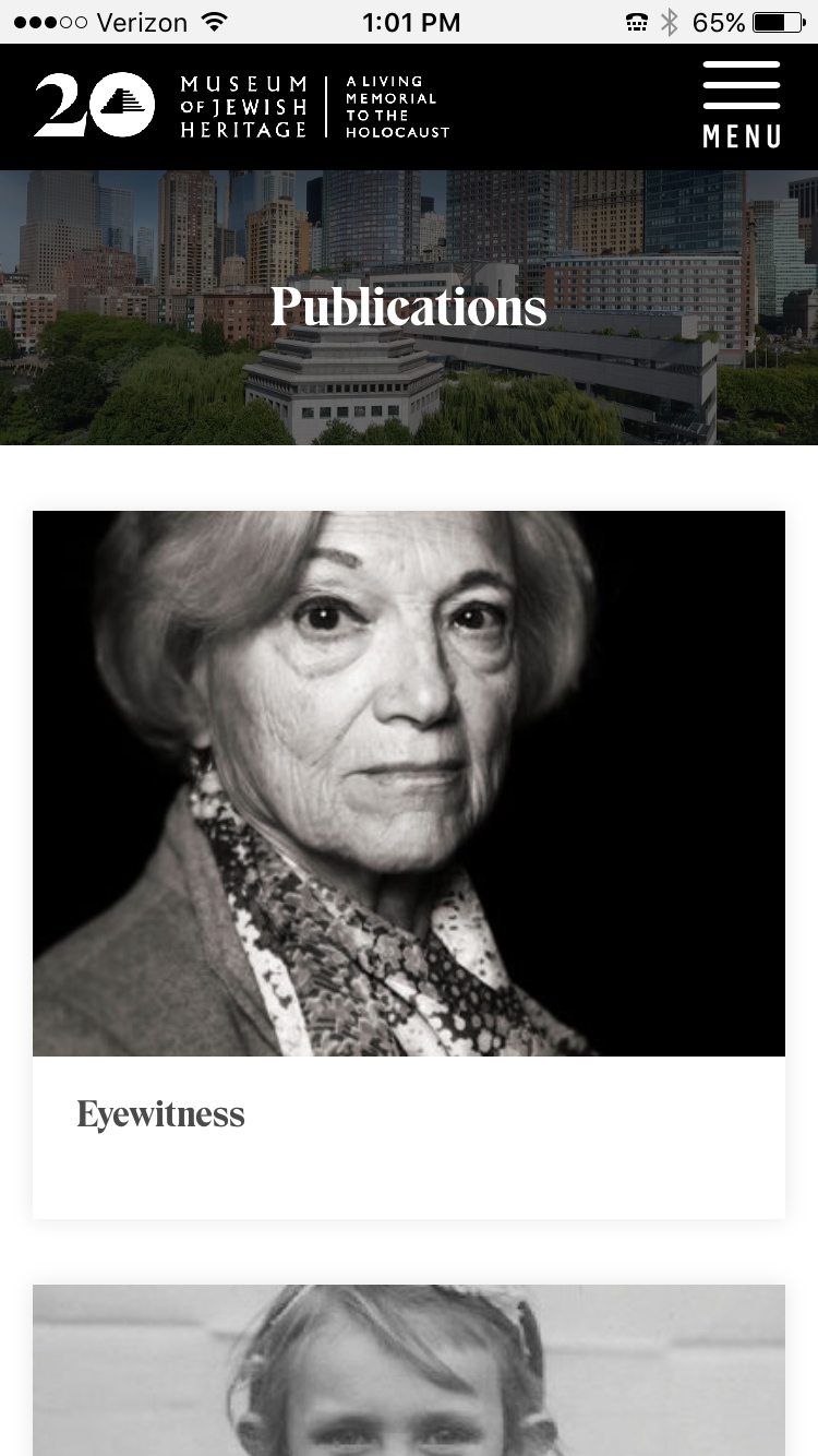 Mobile view of the Museum of Jewish Heritage Publications page showing an Eyewitness publication card.