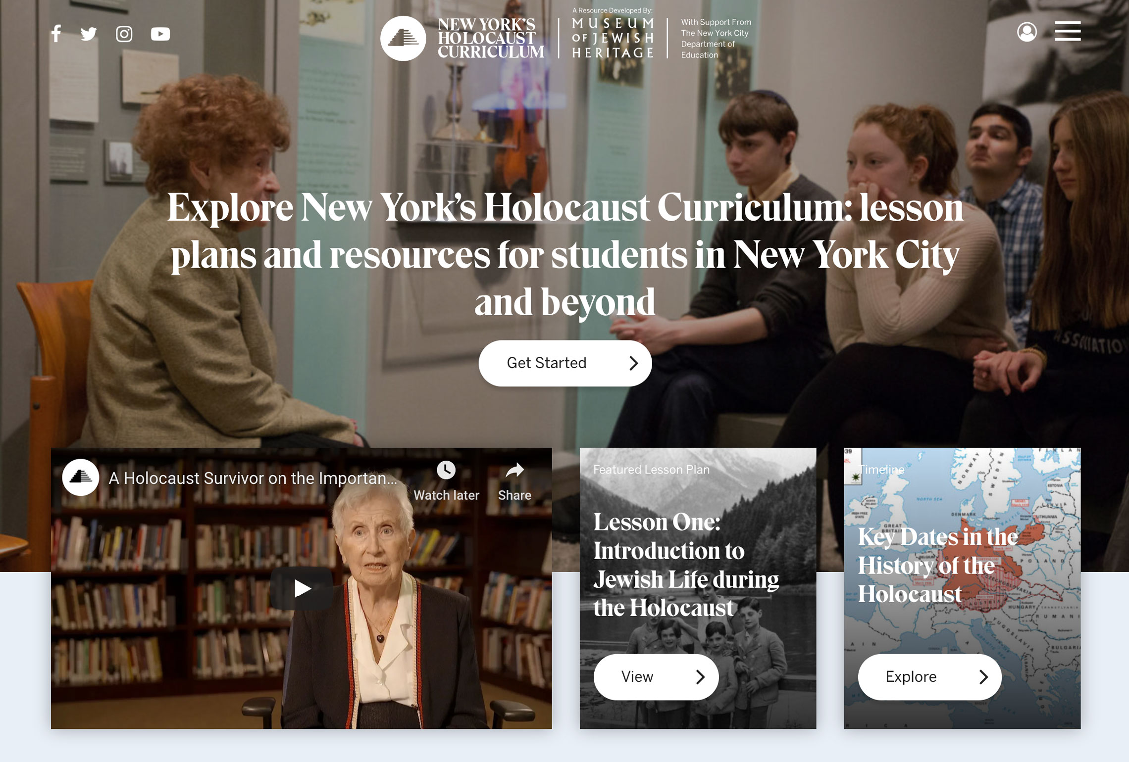 New York's Holocaust Curriculum homepage with a classroom scene, survivor video, featured lesson plan, and timeline card.