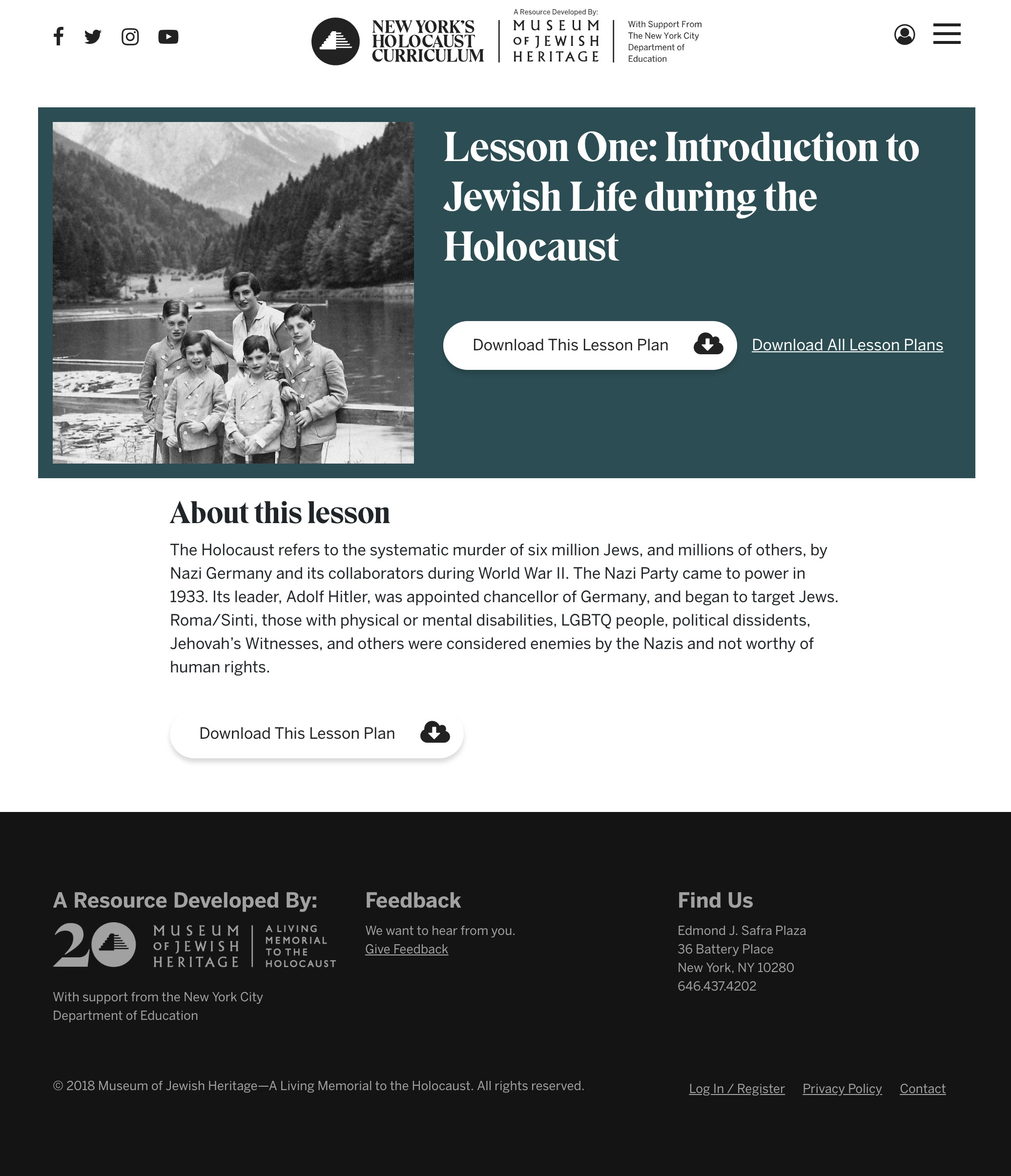 New York's Holocaust Curriculum lesson page for Lesson One with lesson plan download buttons and introductory text.