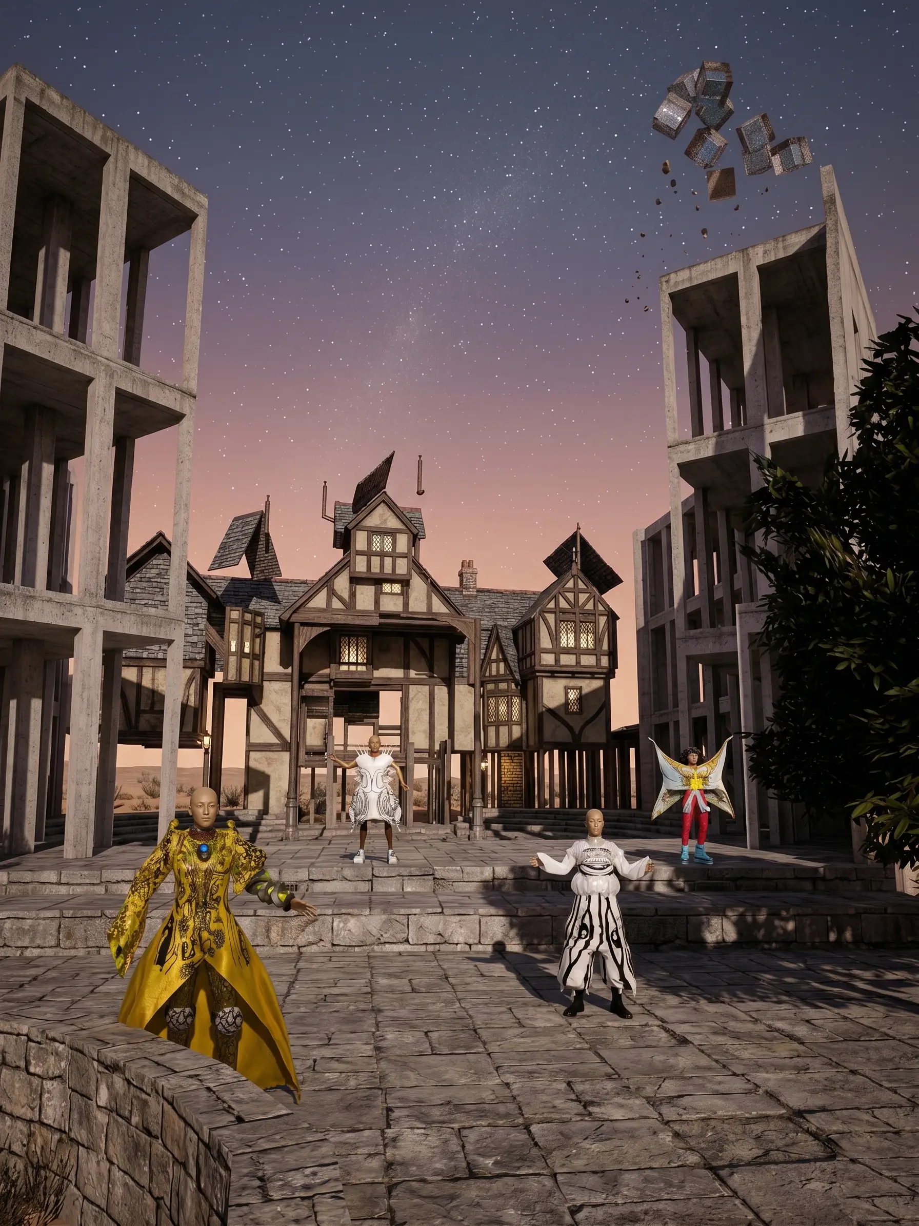 The deconstructed elizabethan theater with avatars. A simple, elevated white platform or runway with clean edges. Top Left (Avatar 1): A full-body view of a bald, muscular avatar with a patterned yellow and gold cape, intricate black lace leggings, knee pads, and arm and neck armor. It stands against a background with horizontal lines and a purple and green gradient. Top Right (Avatar 2): A full-body view of a bald avatar in an sculptural white garment featuring 3D printed line work, spikes around the shoulders, and white platform sneakers with green details. The avatar is standing in the same pose and against the same background as the first. Bottom Left (Avatar 3): A full-body view of a bald avatar wearing a ruffled white shirt with an all-seeing eye motif on the chest, and wide-legged white pants with black stripes. It is in the same pose as the other avatars and has black boots. Bottom Right (Avatar 4): A full-body view of an avatar with curly hair wearing a white top with a prominent, golden ornate chest piece resembling a large butterfly with detailed wing patterns. The avatar wears red pants and platform sneakers.