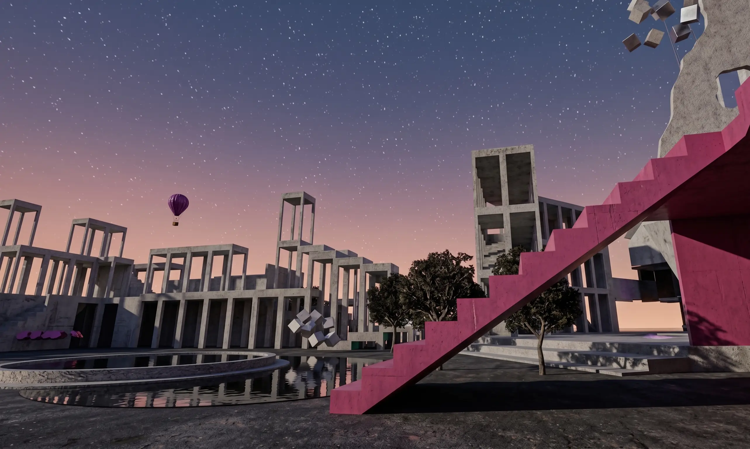 View of the Quills Fest virtual world — stairs leading down from the spawn point to the main gathering area with the world structures in background