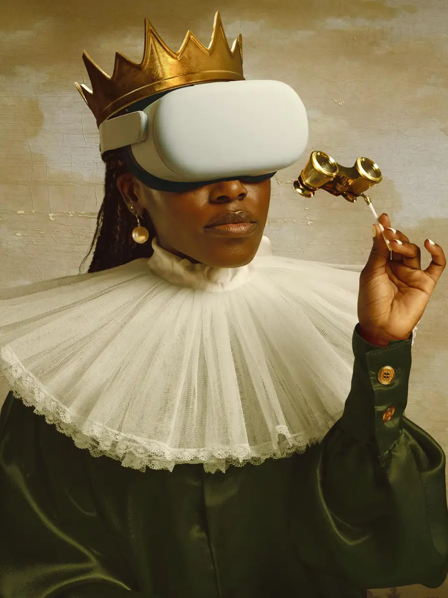 quills website art showing a woman wearing a headset in the style of grand masters, holding up opera glasses