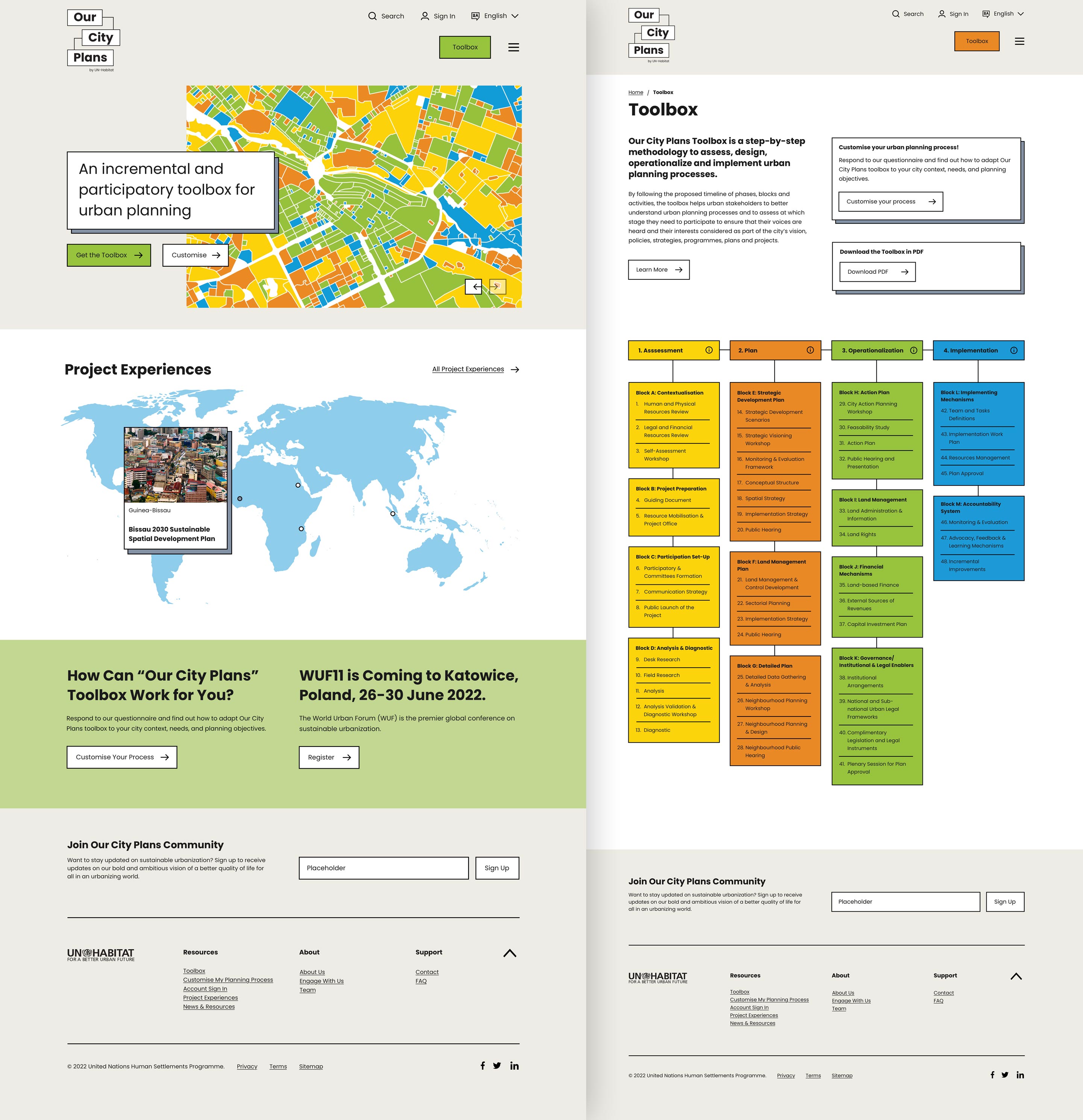 Our City Plans homepage design next to toolbox overview page design