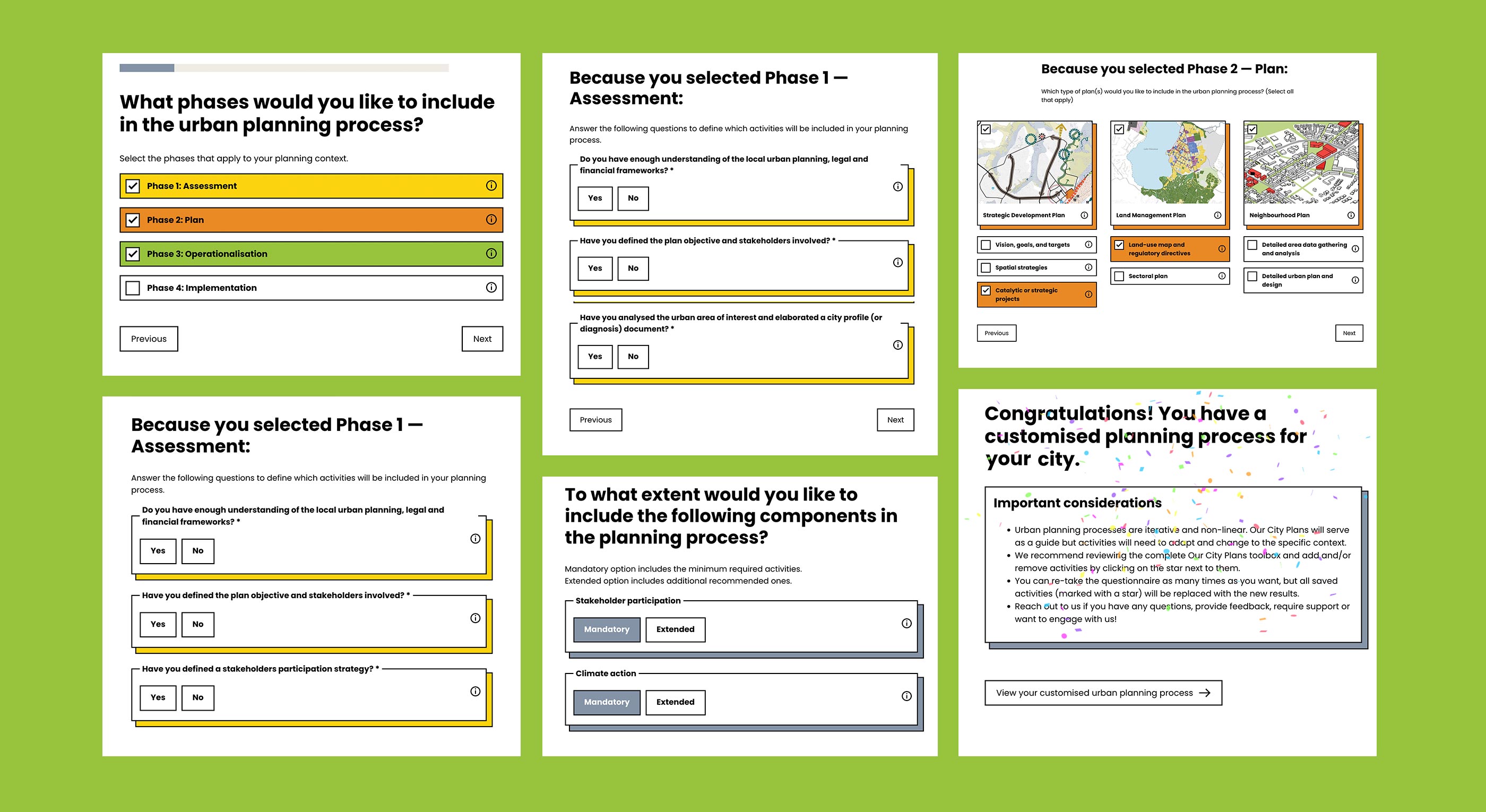 Our City Plans toolbox customization quiz screens