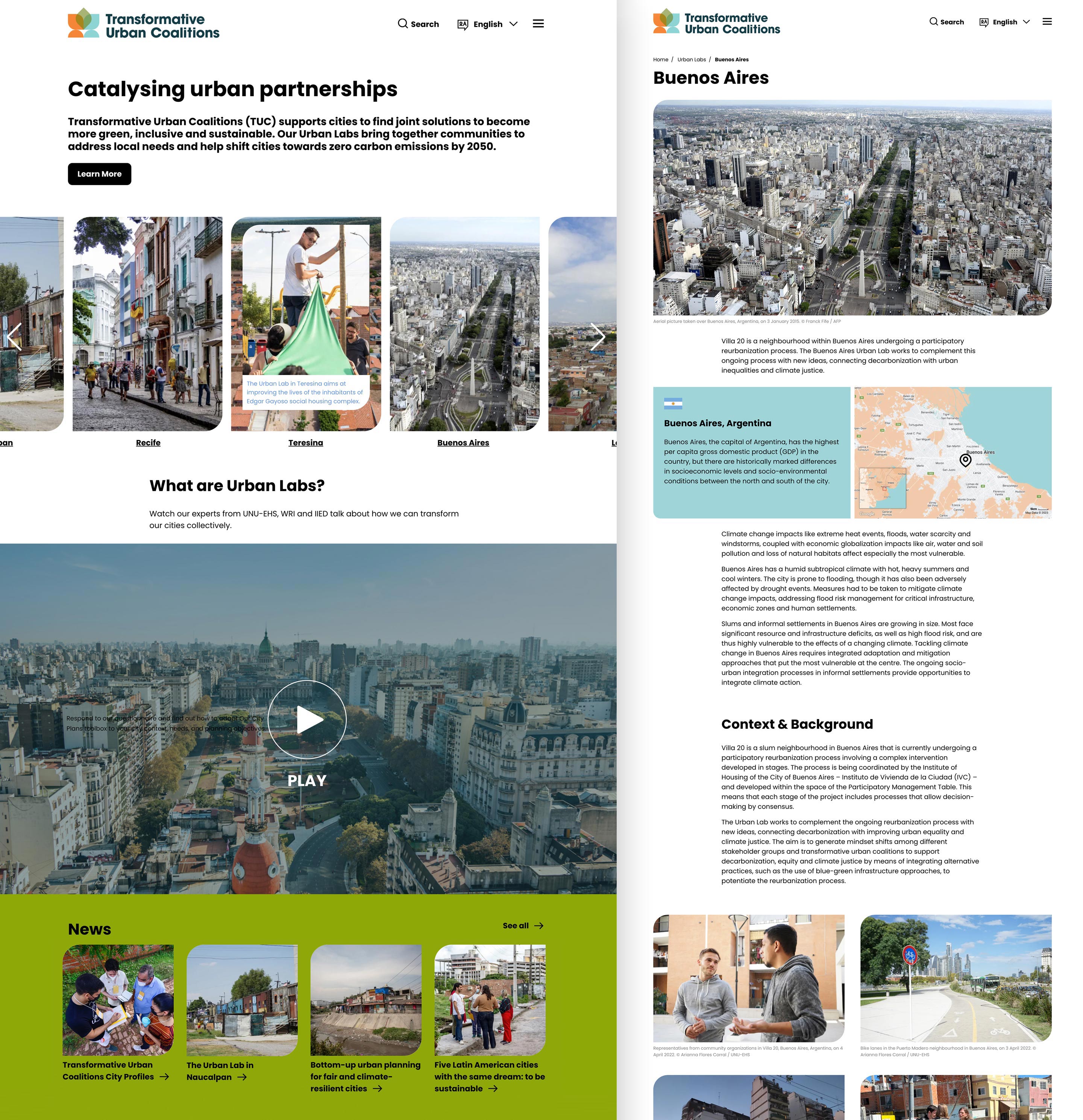 Side by side view of the homepage and an urbal lab page for the United Nations University's Transformative Urban Coalitions website project.