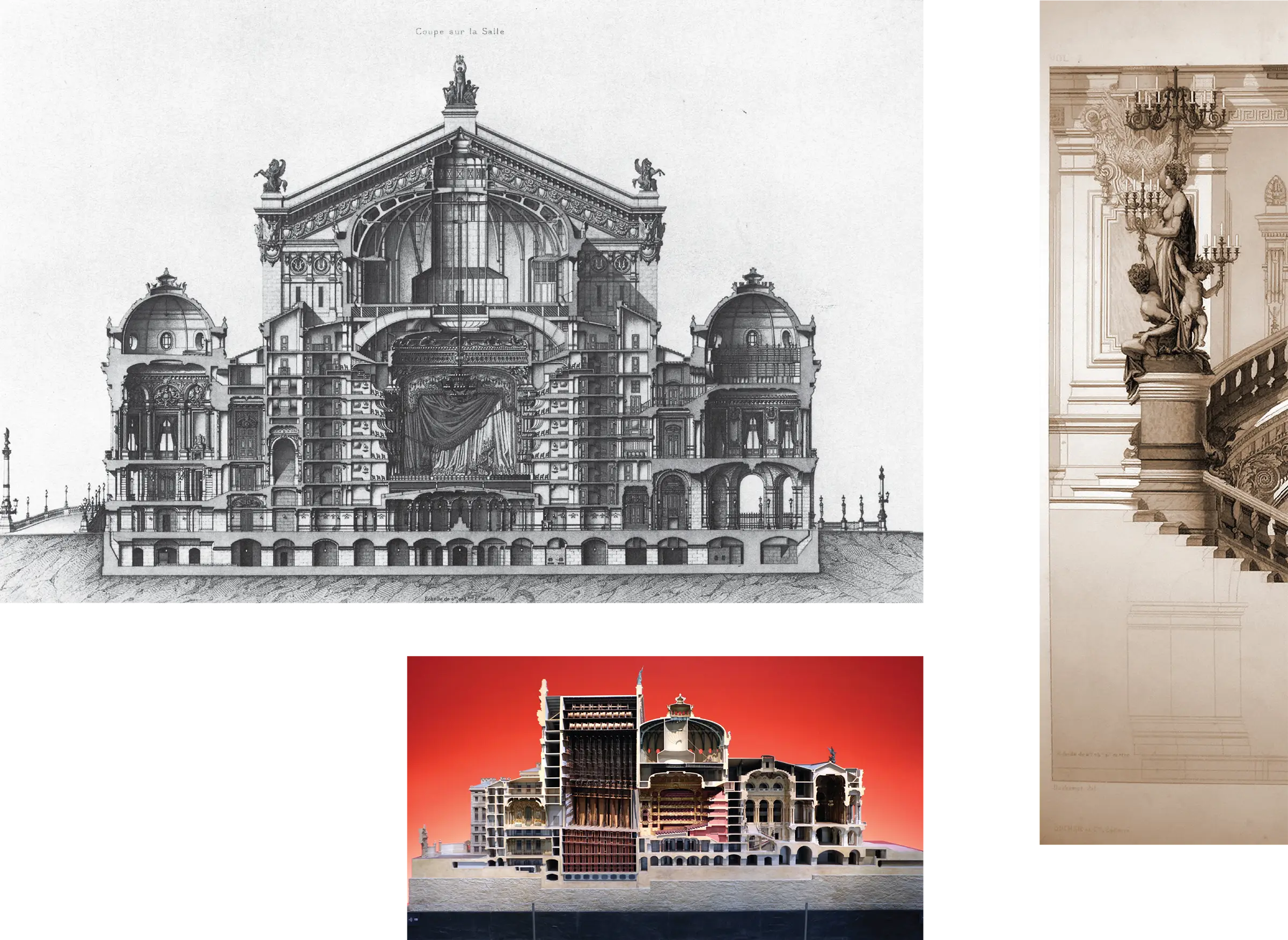 Composite image showing architectural studies of the Palais Garnier in Paris, designed by Charles Garnier for the new Paris Opera. A large black-and-white transverse section drawing reveals the auditorium, stage, roof structure, side pavilions, corridors, and layered interior rooms in intricate detail. Below it, a color model shows the same sectional view against a red background, emphasizing the building’s complex stacked volumes. At right, a narrow sepia-toned drawing focuses on the grand interior stair, with sculptural figures, ornate railings, chandeliers, and classical decorative details.